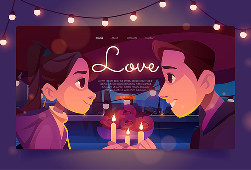 Love banner with happy couple on date. Vector landing page of romance and relationship with cartoon illustration of man and woman look at each other in restaurant or cafe with flowers and candles