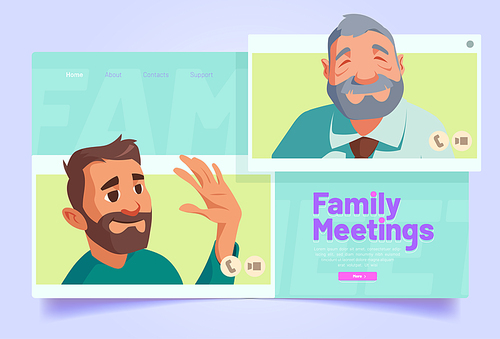 Family meetings banner. Virtual communication, online conference concept. Vector landing page of videocall technologies with cartoon illustration of people on screens, man and grandparent conversation