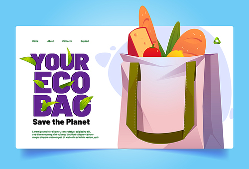 Eco bag save planet banner with cotton shopping bag with grocery. Vector landing page of environment protection and reuse concept with cartoon illustration of cloth tote with fresh food