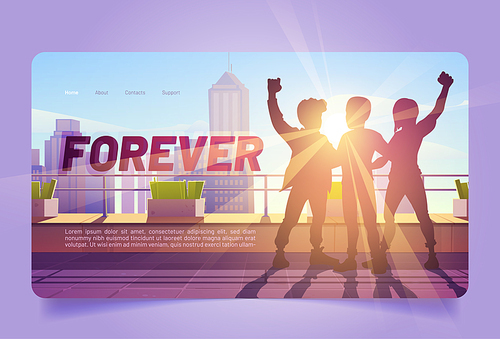 Forever cartoon landing page. Best friends hug silhouettes stand on skyscraper roof with raised fists. Sunlight illuminate human figures on cityscape background, friendship concept, Vector web banner