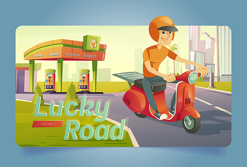 Lucky road poster with man on scooter and gas station. Vector banner with cartoon illustration of fuel filling station with oil pumps and boy in helmet on motorcycle. Concept of journey