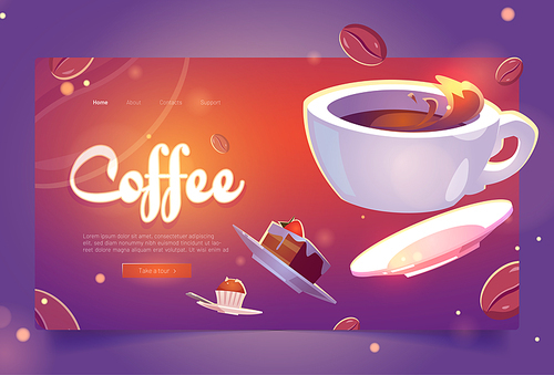 Coffee cartoon landing page, white cup of hot drink, saucer and bakery sweets flying on defocused background with brown beans. Coffee house, cafe or bar promo, mug with beverage, Vector web banner