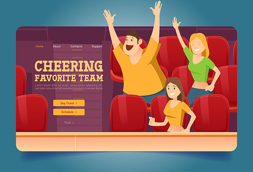 Cheering favorite team website with people on stadium. Vector landing page of sport fan group with cartoon illustration of match audience, man and women cheer and support game team