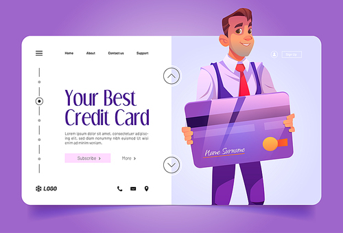 Your best credit card cartoon landing page. Banker male character holding huge card in hands. Cashless payment, banking services, secure money online transaction, nfc technology, Vector web banner