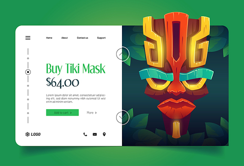 Tiki masks shop banner with hawaiian tribal totem. Vector landing page with cartoon illustration of traditional polynesian wooden god face. Advertising website with tikki masks