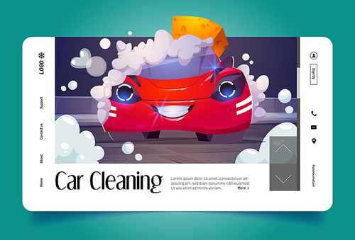 Car cleaning cartoon landing page. Happy automobile character with smiling face washing with soap foam and sponge on carwash station. Transportation city service for vehicles, Vector web banner