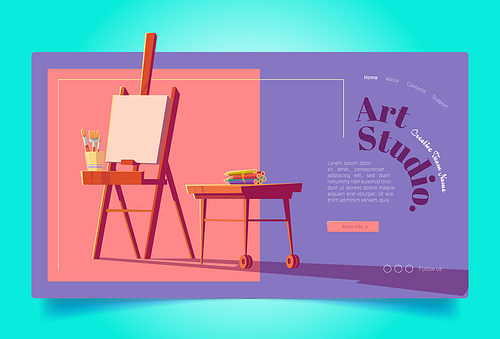 Art studio website. Workshop for painters, drawing education. Vector landing page of artist class with cartoon illustration of wooden easel with canvas, brushes and pencils