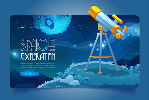 Space exploration banner with telescope on hill. Concept of science discovery in astronomy, watching stars and planets. Vector landing page with cartoon illustration of telescope and night starry sky