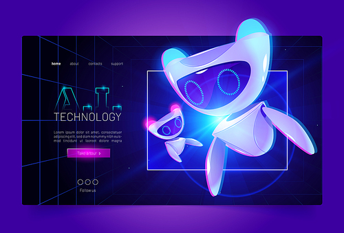 Technology cartoon web banner, artificial intelligence robot at neon glowing hud technological background with infinity symbol. Futuristic ai cyborg droid, robotics and automation Vector landing page