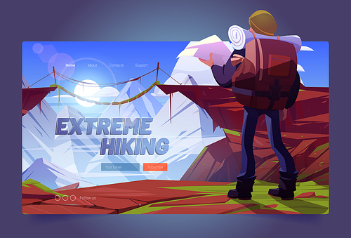 Extreme hiking cartoon landing page. Traveler man with map at mountains, travel adventure. Tourist with backpack stand at rocky landscape look on suspended bridge over high peaks vector web banner