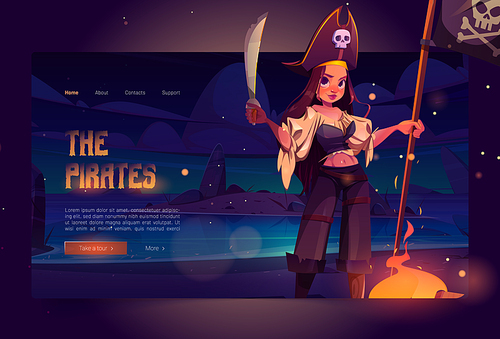 Girl pirate on night beach cartoon landing page. Filibuster woman in captain costume with jolly roger flag and sword stand near burning fire on rocky island sea shore, adventure vector illustration