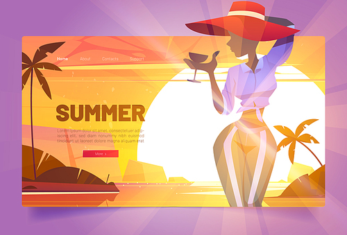 Summer banner with silhouette of woman in hat with cocktail on background of sunset. Vector landing page of beach party with cartoon illustration of girl with drink on sea coast, sun and palm trees