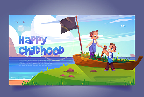 Happy childhood banner with kids play in pirates on sea beach with old boat. Vector landing page with cartoon summer landscape of sand ocean shore with broken ship in grass and children