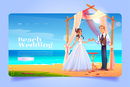 Beach wedding cartoon landing page, bride and groom get married under draped arch on seaside. Marriage matrimony ceremony, bamboo archway on ocean sandy shore with flower petals, Vector web banner