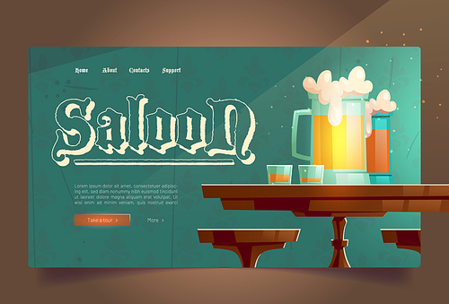 Cowboy saloon cartoon landing page, glass tankards with foamy beer and shots with alcohol drinks stand on wooden old style table in wild west tavern. Invitation to retro pub or bar Vector web banner