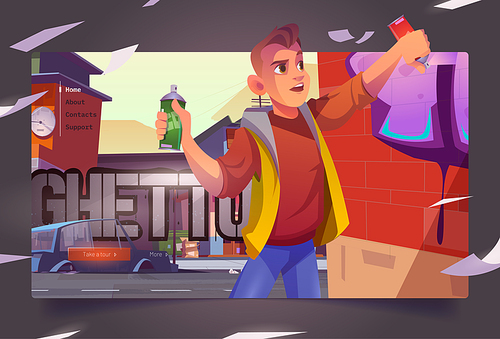 Graffiti painter in ghetto cartoon landing page. Boy teenager painting on brick wall with aerosol in cityscape with broken car. Vandalism or creative hobby occupation, vector web banner