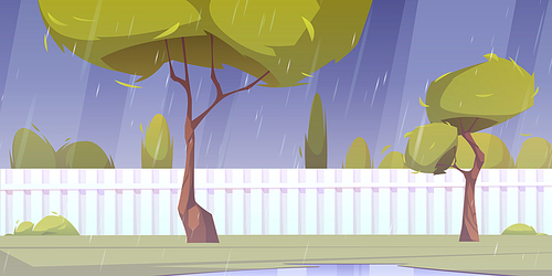 House backyard at rainy weather, home back yard at rain with green trees, bushes, puddles at grass lawn and white wooden fence. Cottage garden landscape, patio cartoon background, Vector illustration