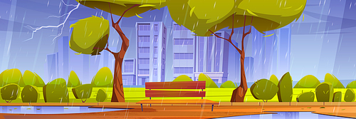 City park with bench at rainy weather, summer or spring rain with lightnings on cityscape background. Public parkland with puddles, empty wet street, dull urban garden, Cartoon vector illustration