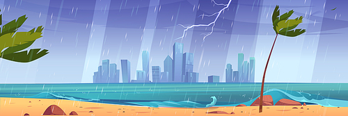 City skyline at storm, modern megapolis landscape at sea waterfront with lightnings, strong wind, rain. Skyscraper buildings at raging water surface under dull cloudy sky Cartoon vector illustration