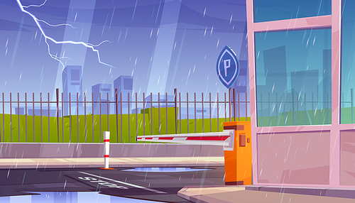 Parking security entrance at rainy weather, storm and lightnings. Closed private area access with fence, automatic car barrier, guardian booth, stop line and road sign, Cartoon vector illustration