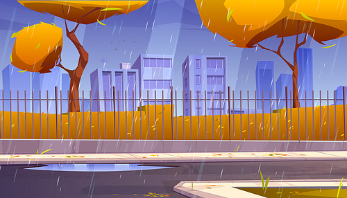 City street with park and buildings behind fence in rain. Vector cartoon illustration of autumn landscape with road, sidewalk, orange bushes and trees and houses on horizon at rainy weather