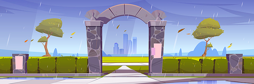 Stone gates, entrance to city garden or park at rainy weather. Urban skyline with rocky fence, green trees and bushes on Cityscape background with skyscrapers architecture, Cartoon vector illustration