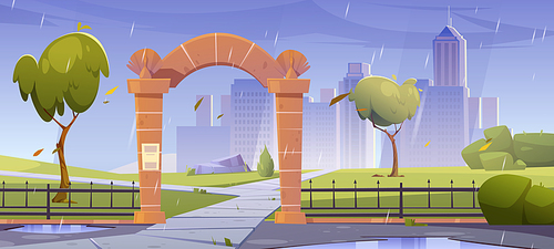 Stone gates, entrance to city park at rainy weather. Urban skyline with pathways, fence, wet green trees and bushes on cityscape background with skyscrapers architecture, Cartoon vector illustration