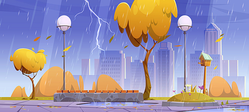 City park with bench at rainy weather, autumn rain scenery cityscape, public place with yellow trees, birdhouse, flowerbed, puddles, street lamps and wet tiled pathway. Cartoon vector illustration