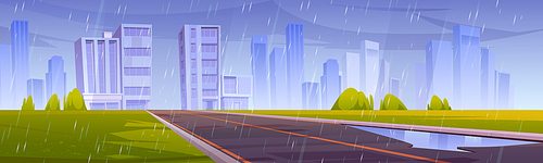 Road, city with buildings and skyscrapers and green lawn in rain. Vector cartoon illustration of summer landscape with empty highway and modern town on horizon at rainy weather