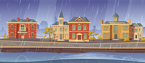 Rain and wind in old town with retro european buildings and lake promenade. Vector cartoon rainy cityscape with vintage architecture, stone road, empty river quay and gloomy sky