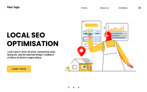 Local SEO optimization banner. Concept of local search marketing, analytics results of business strategy and advertising campaign. Vector landing page with store with geo tag, woman and graph