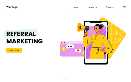 Referral marketing banner. Business strategy of affiliate program and partnership. Vector landing page with flat illustration of mobile phone with woman with megaphone refer friends