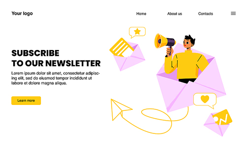 Subscribe to our newsletter landing page, email news subscription, blog update messages submit with promoter yell to loudspeaker in huge envelope, marketing, media business, Line art vector web banner