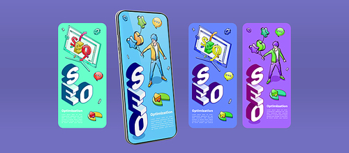 SEO optimization banners for mobile phone app. Content search engine optimization, keywords analytics, digital marketing concept. Vector posters with isometric man, chart and computer monitor