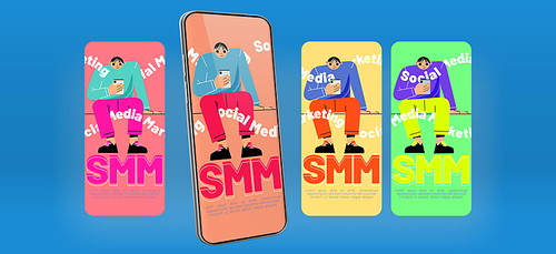 Social media marketing concept with man using smartphone. Vector banners template of SMM, online content management with flat illustration of customer person with mobile phone