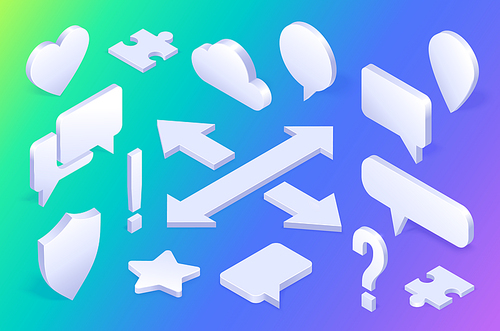 Isometric icons navigation pin, shield, cloud, speech bubbles and question mark, crossed arrows, rate stars, and heart. Computer security, messenger or map application isolated 3d vector signs set