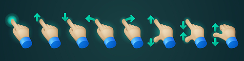 Click on touch screen hand gestures vector icons. Palm point arrow with pushed forefinger, scroll and drag, slip and swipe sign for device with sensory display