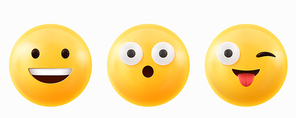 3d render emoji face, smile, show tongue and surprised wow emotions. Yellow naughty comic emoticon character smiling, teasing and fooling facial expression. Isolated funny app messenger vector icons