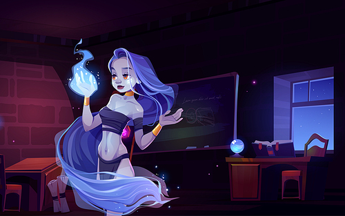 Woman nymph in magic school interior, fantasy character looking on wizard fire on hand. Young witch wear loincloth, wrapped into long hair admire of magical blaze at night Cartoon vector illustration