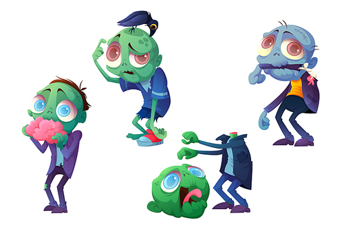 Scary zombie character in different poses isolated on white . Vector cartoon set of creepy dead man eats brain, lost head and arm. Spooky Halloween undead monster