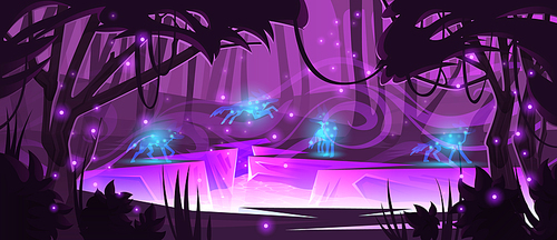 Magic forest with wolves mystery silhouettes, river and mystical purple light. Vector cartoon fantasy illustration of jungle landscape with fantastic wild animals
