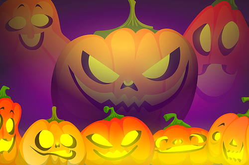 Scary Halloween background with pumpkins with spooky smile and yellow glow. Vector cartoon illustration with traditional autumn lanterns from orange pumpkin with evil face and light inside