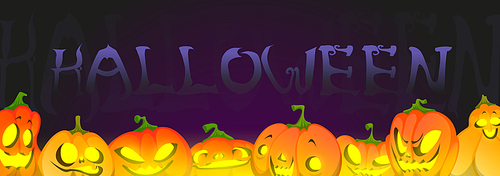 Halloween banner with pumpkins, seasonal holiday background with jack-o-lantern creepy faces with glowing eyes and spooky facial expression. Party celebration flyer or invitation, Vector illustration