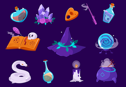 Cartoon magic items crystal globe, potion bottle, snake, witch hat, burning candle and wand, spell book and cauldron. Elements for computer game, isolated wiz stuff, Vector illustration, icons set