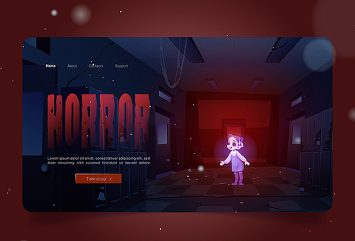 Horror banner with girl ghost in old dirty school hallway at night. Vector landing page of scary quest game with cartoon interior of empty corridor in abandoned college with dead child spirit