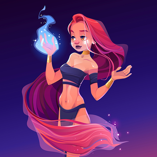 Girl wizard hold magic blue fire in hand. Vector cartoon illustration of beautiful mystic woman with long hair and gold jewelry. Female genie character from arabic fairy tales