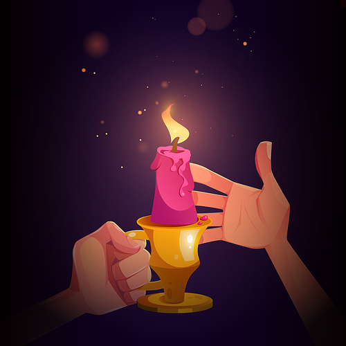 Hands with candle in metal candlestick with handle, cartoon vector illustration for book or computer game with human palms covering burning fire with sparkles from wind in dark room, first person view