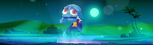 Zombie Halloween character rise from the grave. Cartoon eerie personage, dead monster with blue skin, torn dirty clothes eating own hand at midnight landscape. Creepy game scene, Vector illustration