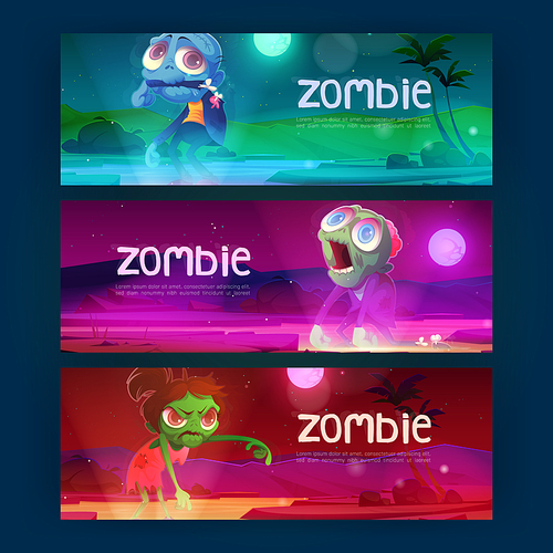 Cartoon banners with funny zombie characters walking at night. Halloween party invitations with funny male and female dead personages, cute and angry monsters wear torn clothes, Vector illustration