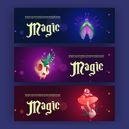 Cartoon magic banners with witch or wizard esoteric items pinned fly, animal skull with plant and fly agaric mushroom. Background for game interface, sorcerer and mage education, Vector illustration